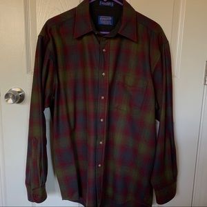 Red/green plaid Pendleton button up lodge shirt